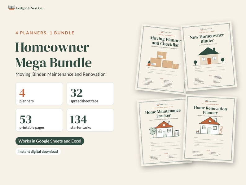 Pode incluir: Um pacote digital Homeowner Mega Bundle com quatro planejadores: Moving Planner and Checklist, New Homeowner Binder, Home Maintenance Tracker e Home Renovation Planner. Inclui 53 p&aacute;ginas imprim&iacute;veis, 32 abas de planilha e 134 tarefas.