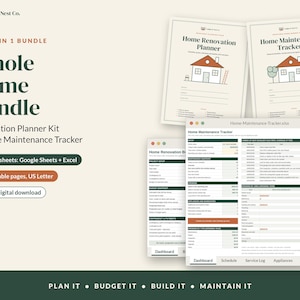 May include: A digital bundle featuring a Home Renovation Planner and Home Maintenance Tracker. Includes printable pages with house illustrations and spreadsheet interfaces for Google Sheets and Excel, labeled with Ledger & Nest Co.