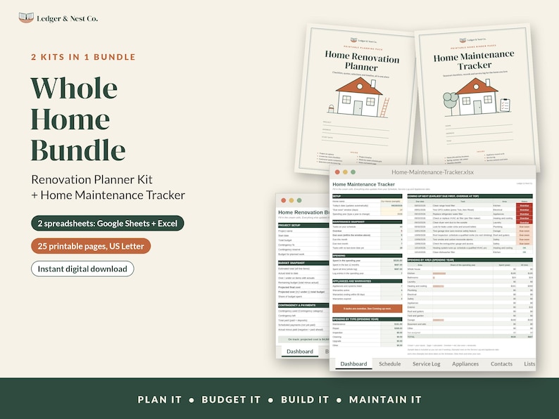 May include: A digital bundle featuring a Home Renovation Planner and Home Maintenance Tracker. Includes printable pages with house illustrations and spreadsheet interfaces for Google Sheets and Excel, labeled with Ledger & Nest Co.