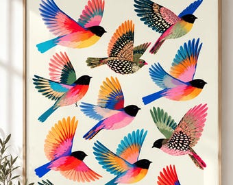 Affiche murale « Oiseaux colorés », encadrée ou non, style aquarelle, cadeau lumineux pour les amoureux des oiseaux et de la nature