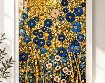 Gustav Klimt Blue Floral Art, Jewel-Toned Wildflower Print | Ornate Gold Leaf