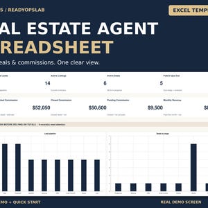 Hoja de cálculo para agentes inmobiliarios en Excel / Seguimiento de clientes potenciales, listados y transacciones con panel de comisiones / AgentOps
