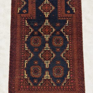 Vintage 1960s Afghan Balouch Wool Rug, Hand Knotted Tribal Diamond Medallions, 35x53 Inches