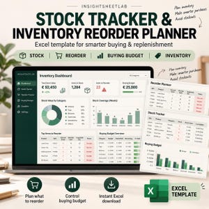 May include: A digital stock tracker and inventory reorder planner Excel template displayed on a laptop screen. The dashboard features an inventory overview, reorder planner, and buying budget with charts, tables, and data points in green and white.