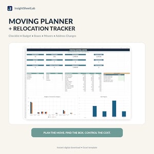 Pode incluir: Um modelo de planilha digital de planejador de mudanças e rastreador de realocação intitulado Moving Control Centre. A interface apresenta tabelas de dados para orçamento, tarefas e rastreamento de caixas, além de gráficos de barras.