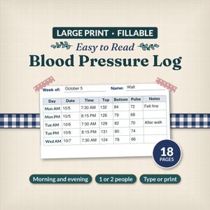Puede incluir: Un registro de presión arterial de letra grande y rellenable de 18 páginas. El documento incluye una tabla para registrar día, fecha, hora, presión sistólica y diastólica, pulso y notas. Texto: "LARGE PRINT • FILLABLE", "Easy to Read", "Blood Pressure Log", "18 PAGES", "Morning and evening", "1 or 2 people", "Type or print".