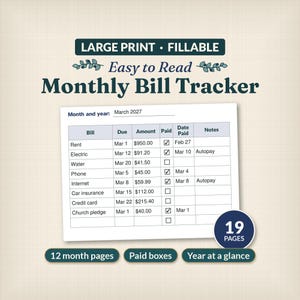 Puede incluir: Un rastreador mensual de facturas en letra grande y rellenable con una cuadrícula para registrar facturas, fechas de vencimiento, montos y estado de pago. El encabezado dice Large Print Fillable Easy to Read Monthly Bill Tracker.