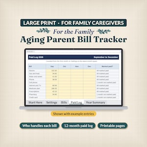 Puede incluir: Un rastreador de facturas para padres mayores destinado a cuidadores familiares, que muestra una hoja de cálculo Paid Log 2026 en una pantalla de portátil. La interfaz incluye columnas para gastos de servicios, salud y ejemplos de entradas.
