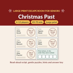 Könnte beinhalten: Ein Escape-Room-Spiel in Großdruck mit dem Titel Christmas Past für 4-12 Spieler. Das Spiel enthält ein Rätselblatt mit fünf Absenderetiketten mit Namen und Daten aus dem Jahr 1952, einen Bereich für Anfangsbuchstaben, ein Skript, Hinweise und Lösungen.