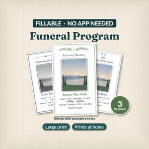 Funeral Program Template, Fillable Large Print, Celebration of Life, Memorial Bifold, Thank You Cards