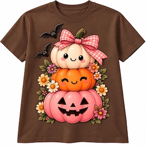 Peut inclure: Un t-shirt marron à manches courtes orné d'un motif de trois citrouilles empilées. La citrouille du haut est crème avec un nœud vichy rose, celle du milieu est orange et celle du bas est rose avec un visage de citrouille sculpté. Deux chauves-souris et des fleurs les entourent.
