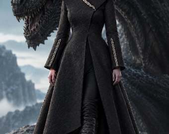 Daenerys Targaryen Inspired Black Fantasy Queen Coat, Gothic Medieval Cosplay Costume