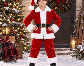 Kids Santa Suit, Red Velvet Christmas Costume, Santa Claus Outfit with White Fur Trim, Kids Holiday Party Outfit, Christmas Costume