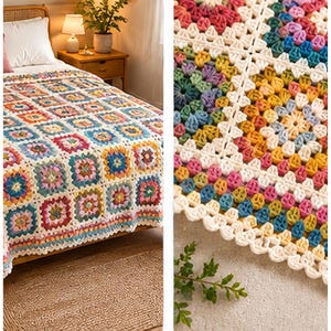 Peut inclure: Une couverture en crochet faite à la main présentant un motif répétitif de carrés granny en fil multicolore vif, incluant des nuances de rose, bleu, jaune et vert, assemblés avec une bordure crème et une finition à bord festonné.