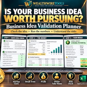 Op de afbeelding: Een digitale Business Idea Validation Planner voor Microsoft Excel op een laptopscherm met drie stappen: Quick Idea Check, The Money en Your Result, inclusief tabellen voor opstartkosten, winstverwachtingen en risicoanalyses.