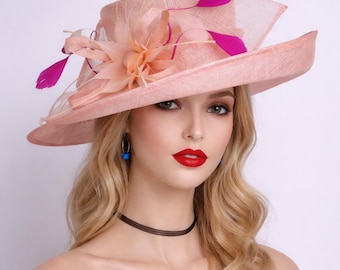 Peachy pink Sinamay Kentucky Derby Hat, Fuchsia Feather Fascinator