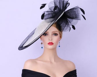 Black & White Kentucky Derby Fascinator Hat, Feathered Sinamay
