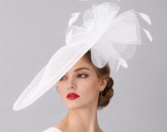 White Kentucky Derby Fascinator Hat, Feathered Sinamay