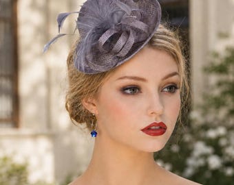 Grey Sinamay Mini Hat with Feathers – Kentucky Derby, Wedding, Ascot Races Fascinator