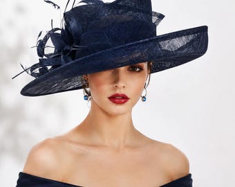 Navy Blue Sinamay Kentucky Derby Hat, Feather Fascinator, Wedding Races