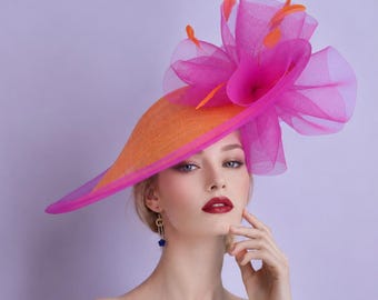 Extra Large Orange & Fuchsia Kentucky Derby Fascinator Hat, Feathered Sinamay