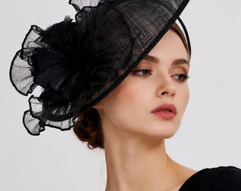 Black Sinamay Headband Fascinator , Feather Flower Derby Hat