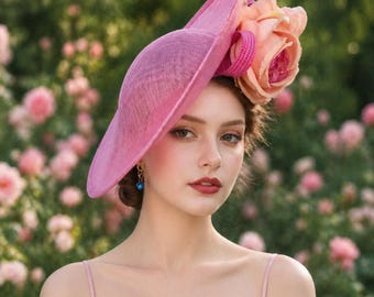Pink Sinamay Fascinator: Fuchsia Saucer Hatinator, Silk Flower Derby Hat