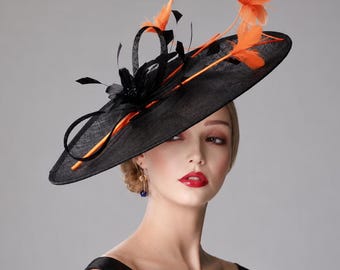 Extra Large Sinamay Fascinator Hat, Black & Orange Derby Hat