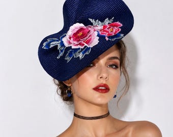 Handmade Navy Embroidered Fascinator, Kentucky Derby Hat