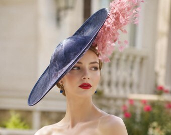 Navy Sinamay Fascinator with Blush Pink Feathers, Derby Hat