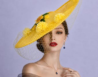 Yellow Sinamay Fascinator, Silk Flowers & Veil Hatinator