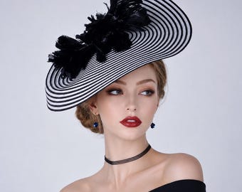 Black White Stripe Saucer Hatinator with Feathers – Derby, Wedding, Ascot Hat