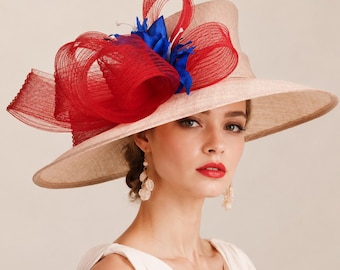 Large Nude Beige Sinamay Hat, Red  bow & Flowers, Kentucky Derby, Wedding Guest