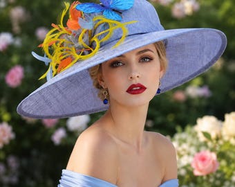 Pale Blue Wide Brim Sinamay Hat with Feathers & Butterfly Accent – Formal Occasion Headwear
