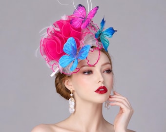 Kentucky Derby Fascinator: Ivory/Hot Pink Feather & Butterfly Hatinator