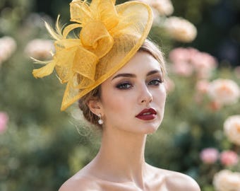 Yellow Sinamay Fascinator, Teardrop Hatinator with Feathers