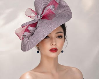 Wine  Herringbone Straw Saucer Hatinator, Ascot Derby Hat