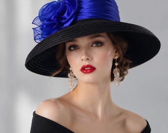 Black Straw Derby Hat: Royal blue Handmade Organza Flower Fascinator