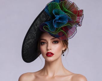 Extra Large Black Sinamay Fascinator, Organza Flower Derby Hat