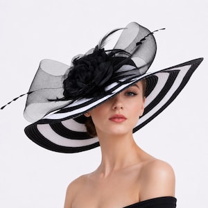 Black and White Kentucky Derby Hat, Wide Brim Wedding Fascinator