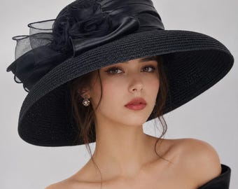 Black Straw Derby Hat: Handmade Organza Flower Fascinator