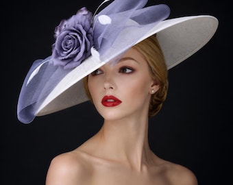 Ivory Sinamay Fascinator Hat, Grey Floral Derby Ascot Headpiece