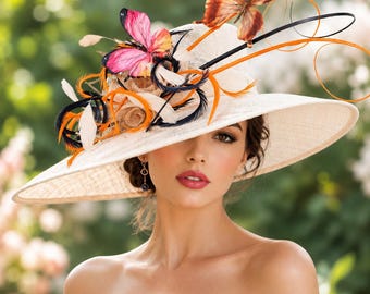 Large Brim Sinamay Derby Hat, Ivory & Orange Butterfly Feather