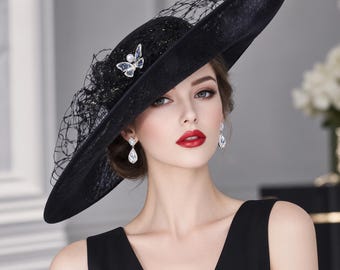 Black Sinamay Fascinator: Large Saucer Hatinator, Wedding Ascot Hat