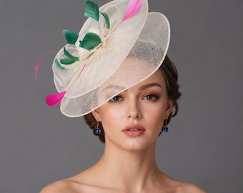 Sinamay Fascinator Hat: Ivory, Green & Fuchsia Feather Headpiece