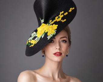 Chinoiserie Fascinator Hat: Black & Yellow Embroidered Kentucky Derby Hat