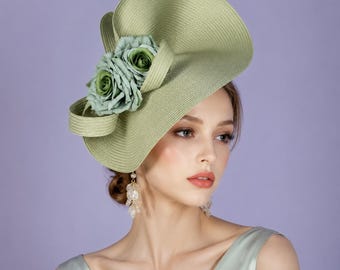 Sage Green Fascinator Hat with bow& silk flower, Kentucky Derby Ascot Hat