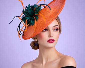Orange Sinamay Fascinator Hat, Emerald Green Feather Kentucky Derby Ascot Hat
