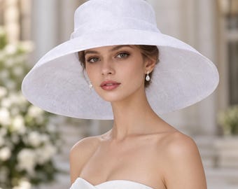 White Sinamay Derby Hat, Dressy Ascot Races Church Easter Wedding Hat