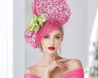 Fuchsia/Green Fascinator Hat with Magnolia: Kentucky Derby, Ascot Races